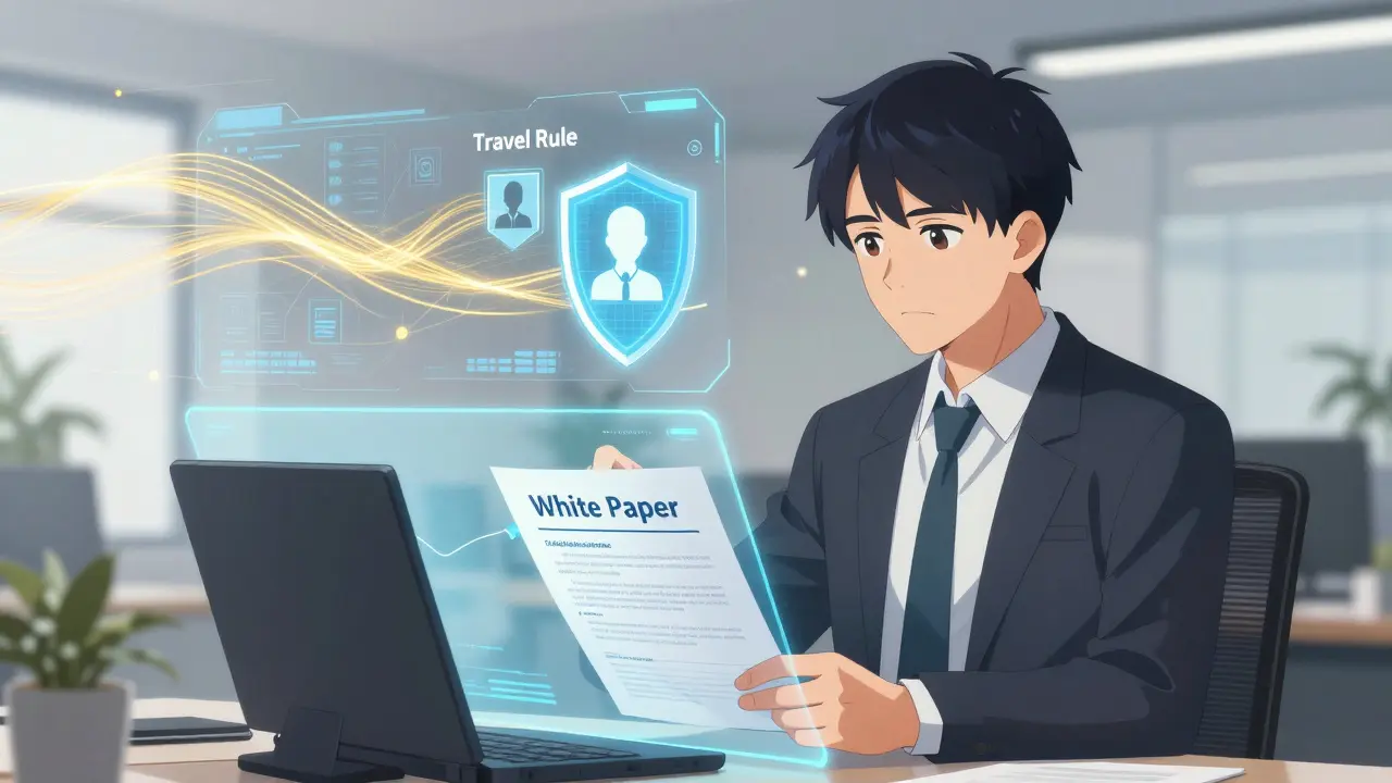 Professionnel vérifiant la conformité et la Travel Rule sur une interface holographique