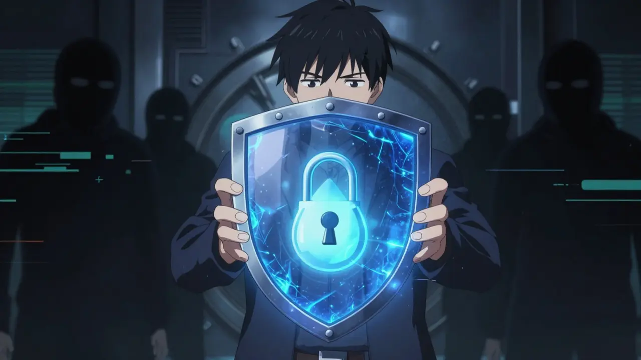 Protection d'un portefeuille numérique contre des cyber-menaces dans un style manga.