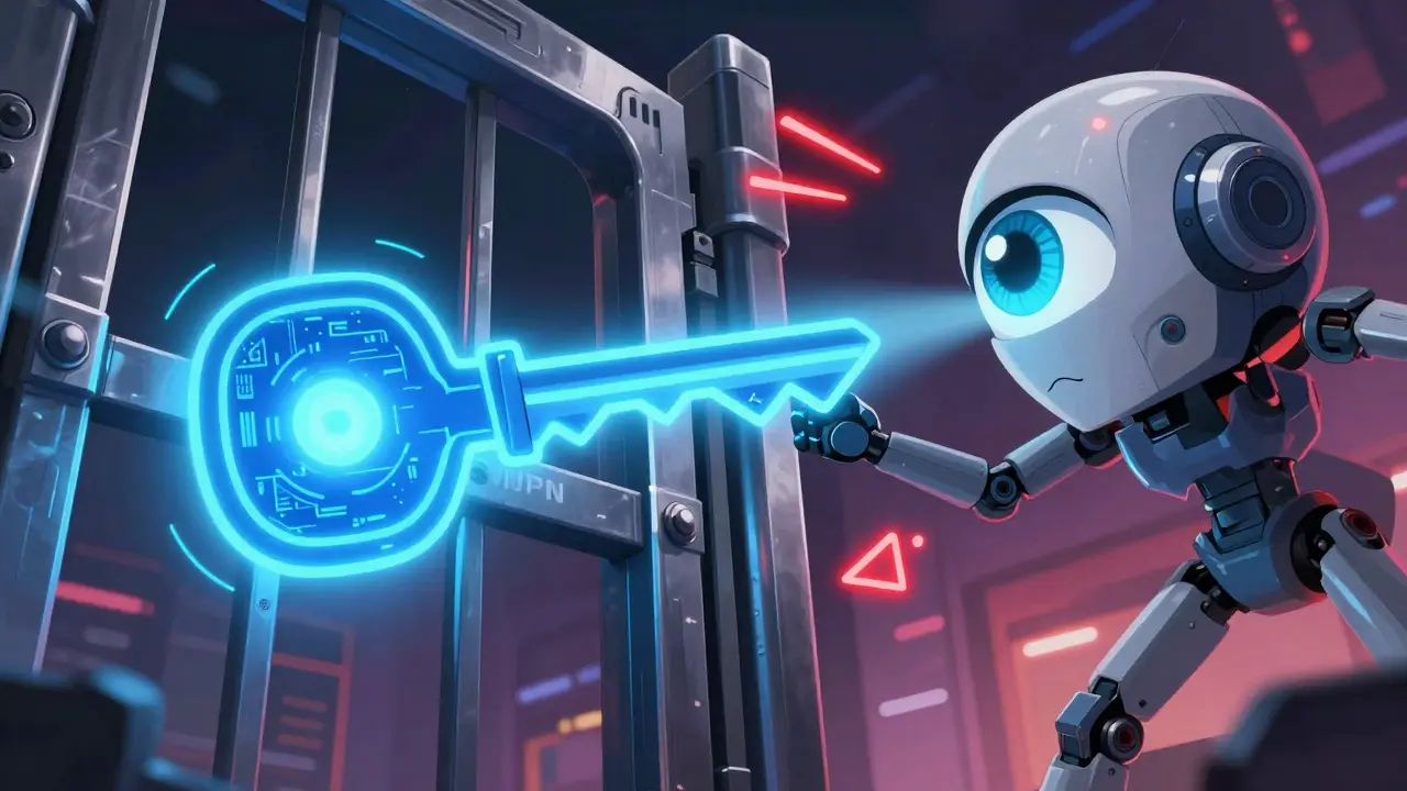 Représentation conceptuelle d'un VPN tentant de franchir une porte de sécurité numérique.