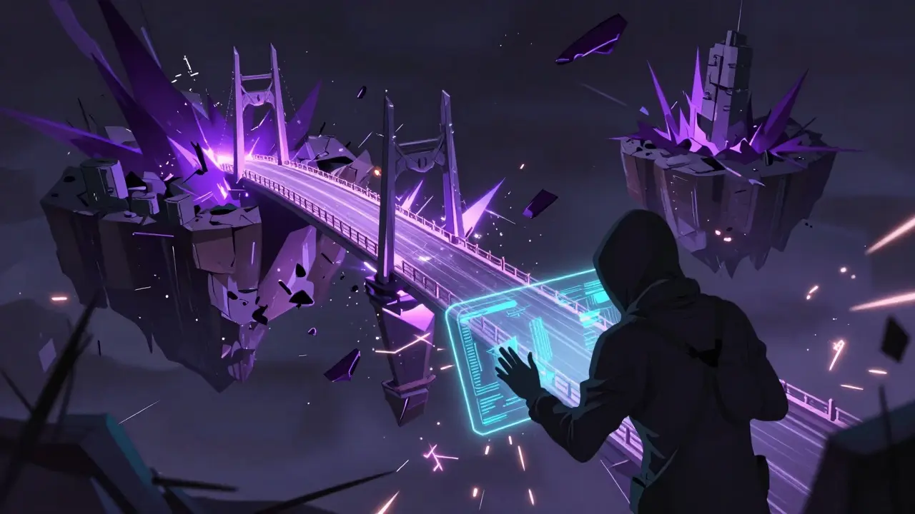 Représentation d'un piratage de pont blockchain avec des fissures d'énergie violette style anime.