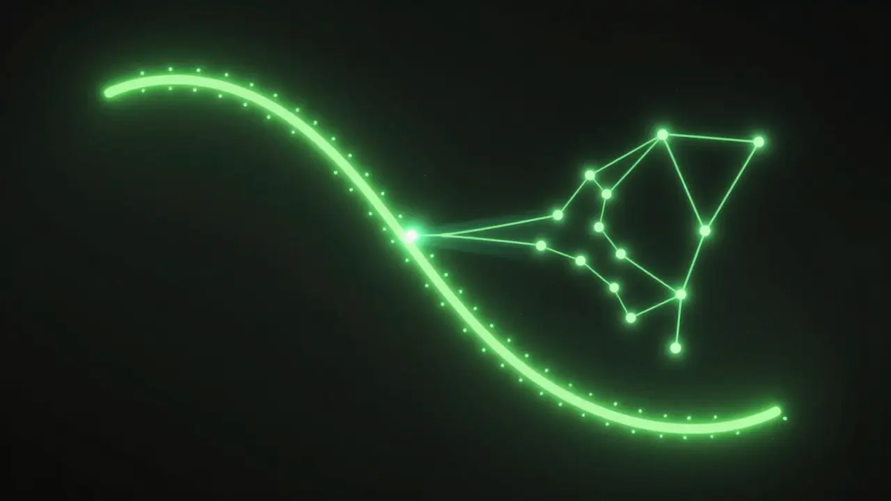 Représentation stylisée d'une courbe elliptique lumineuse transformant une clé privée en publique.
