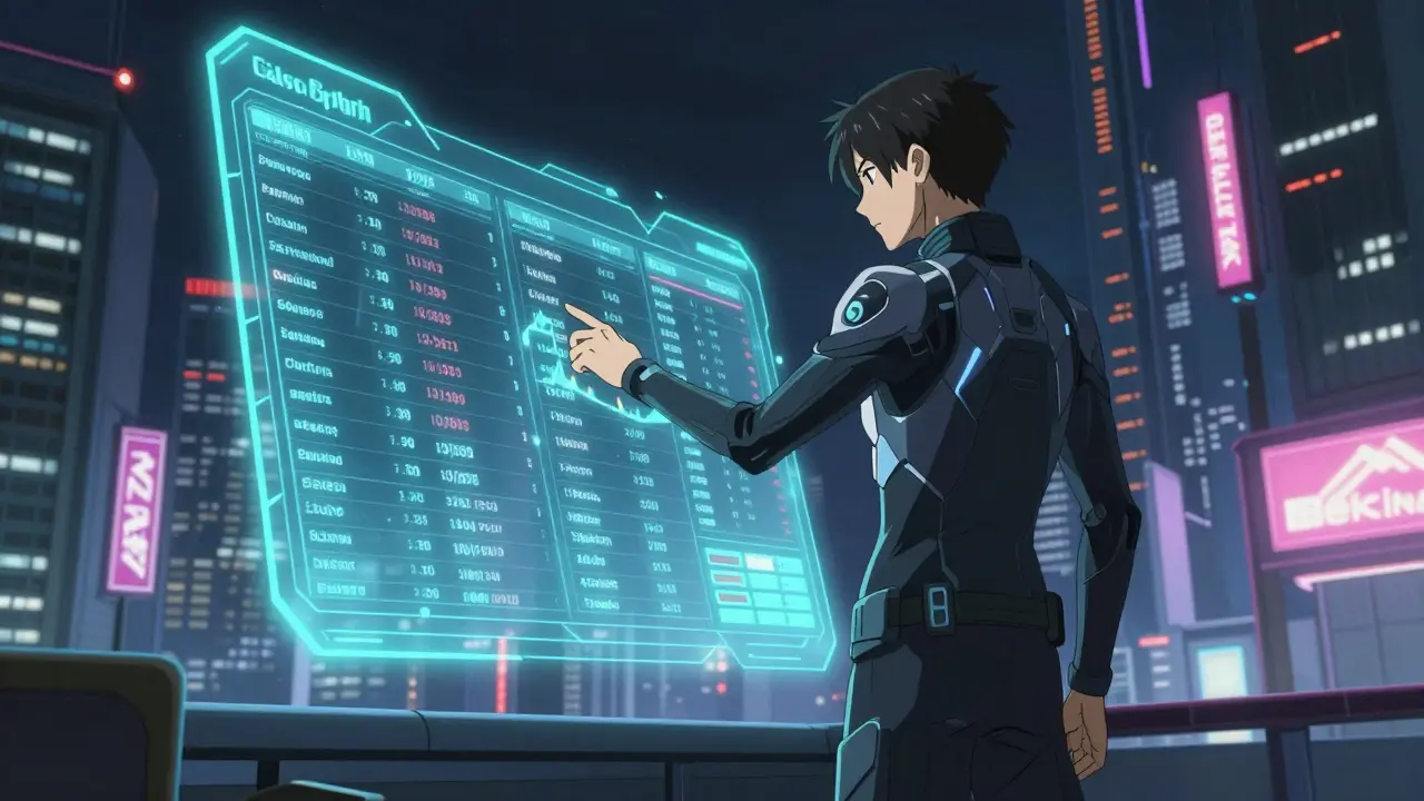 Trader utilisant une interface holographique futuriste pour operar sur dYdX.