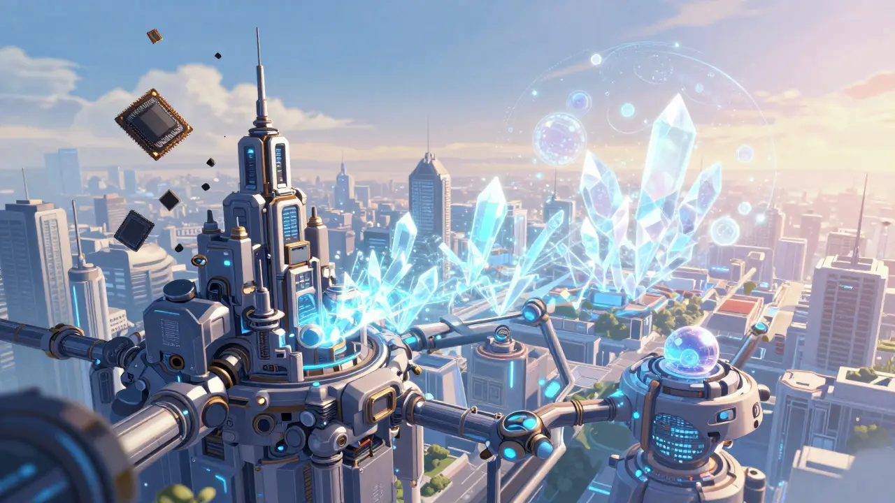 Transition vers un futur numérique décentralisé avec des flux d'énergie et des cristaux de données.