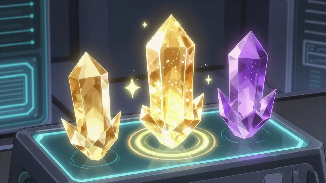 Trois cristaux flottants représentant les différents jetons du protocole crypto dans un style manga.