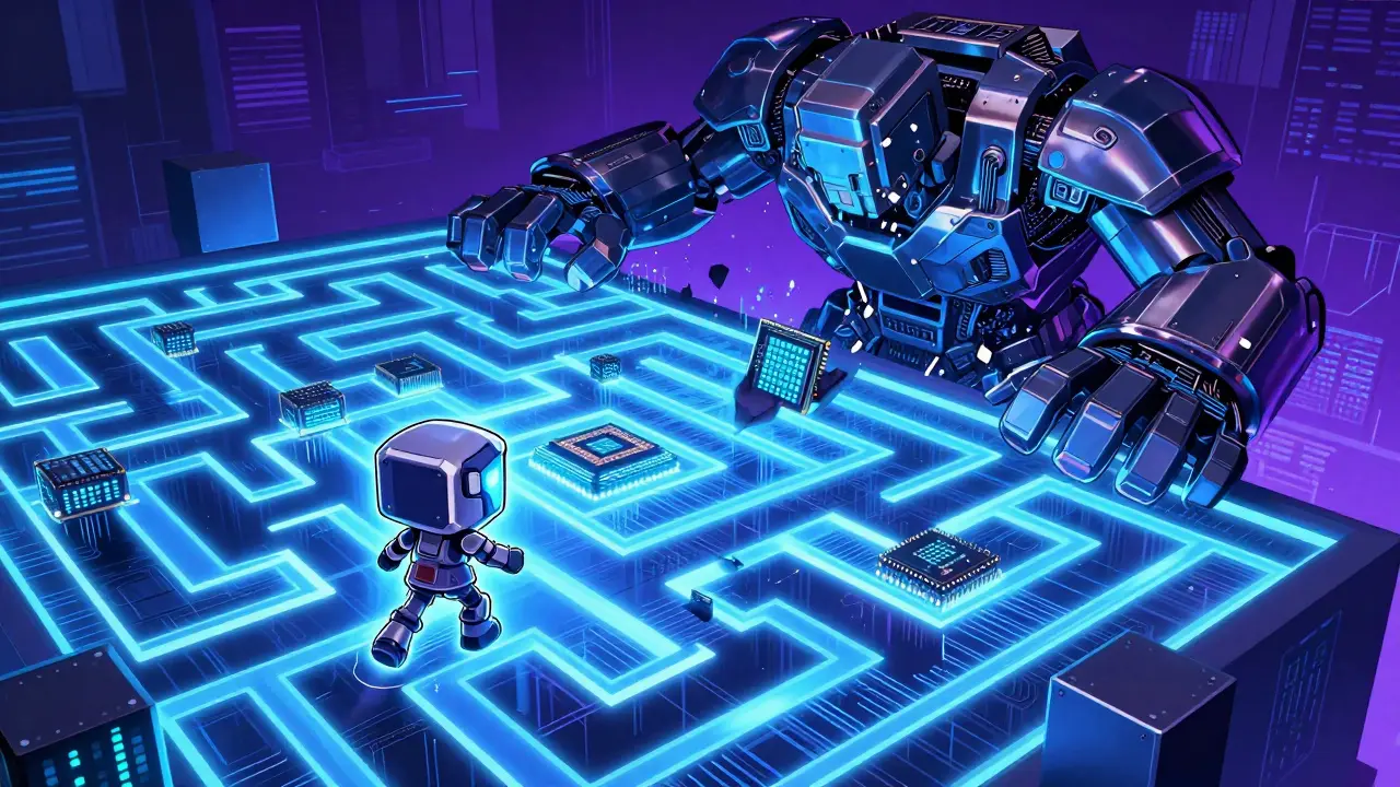 Un CPU agile réussissant à naviguer dans un labyrinthe de mémoire vive face à un ASIC massif.