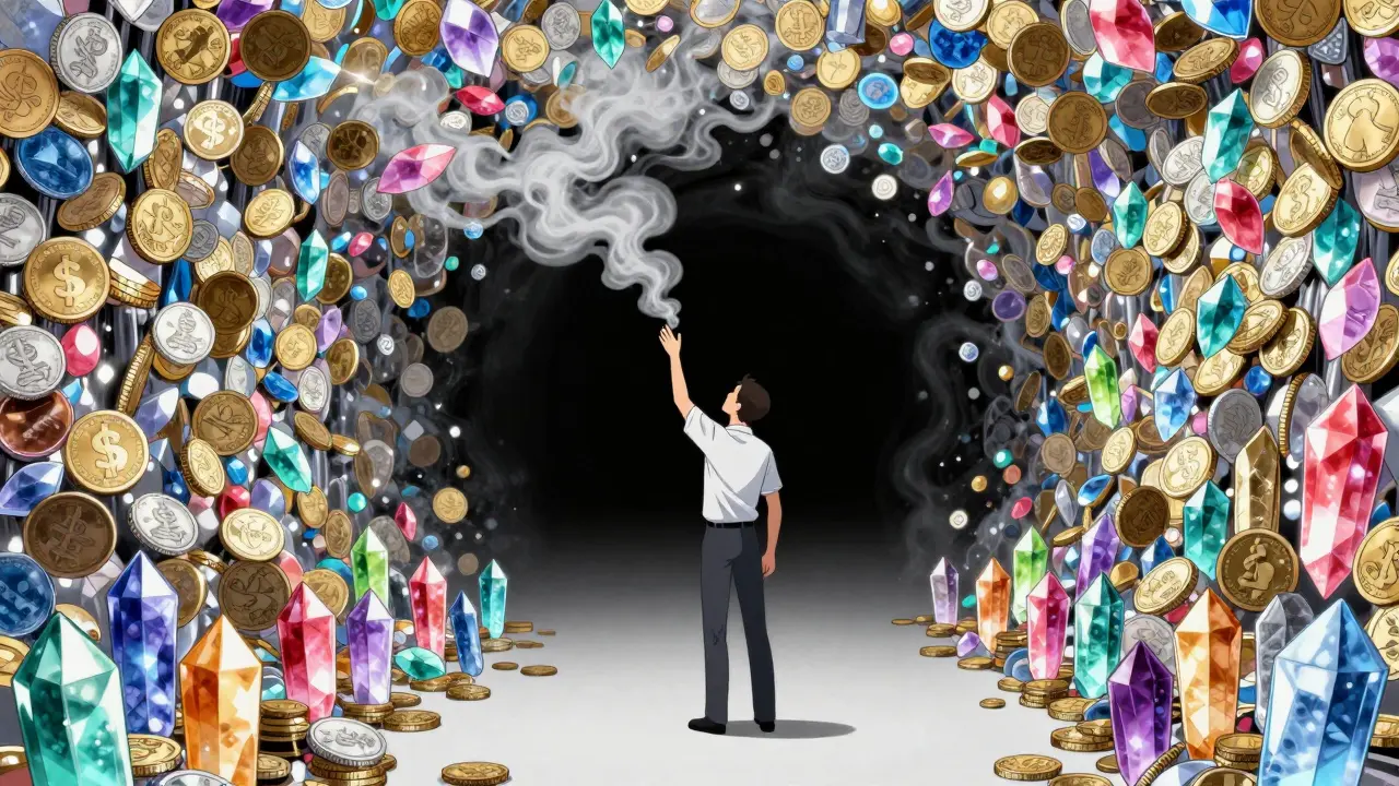 Un trader face à des pièces de crypto qui s'évaporent comme de la fumée dans un style manga.