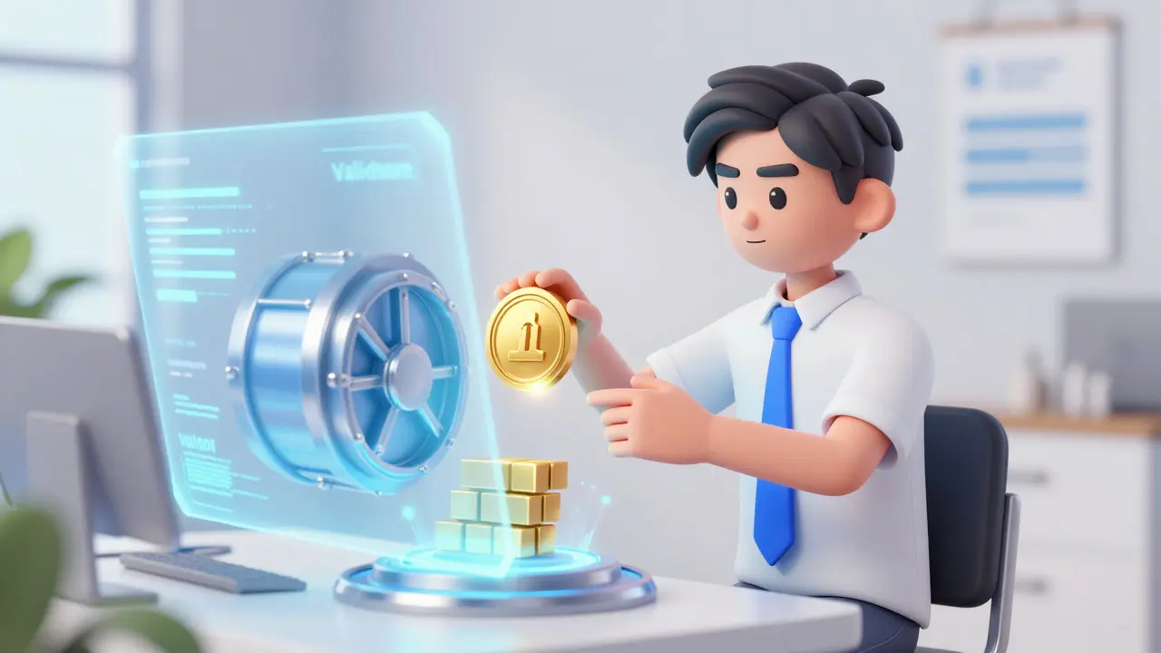 Un validateur anime verrouillant un jeton doré dans un coffre holographique futuriste.