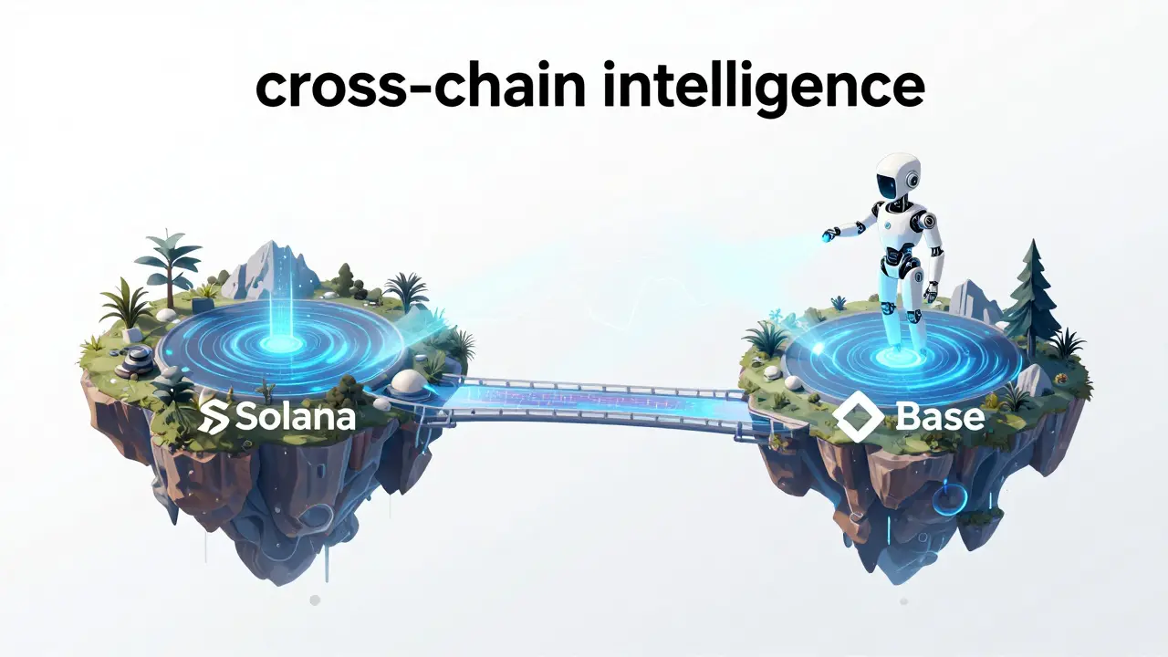 Une entité IA analysant les flux de données entre les écosystèmes Solana et Base.