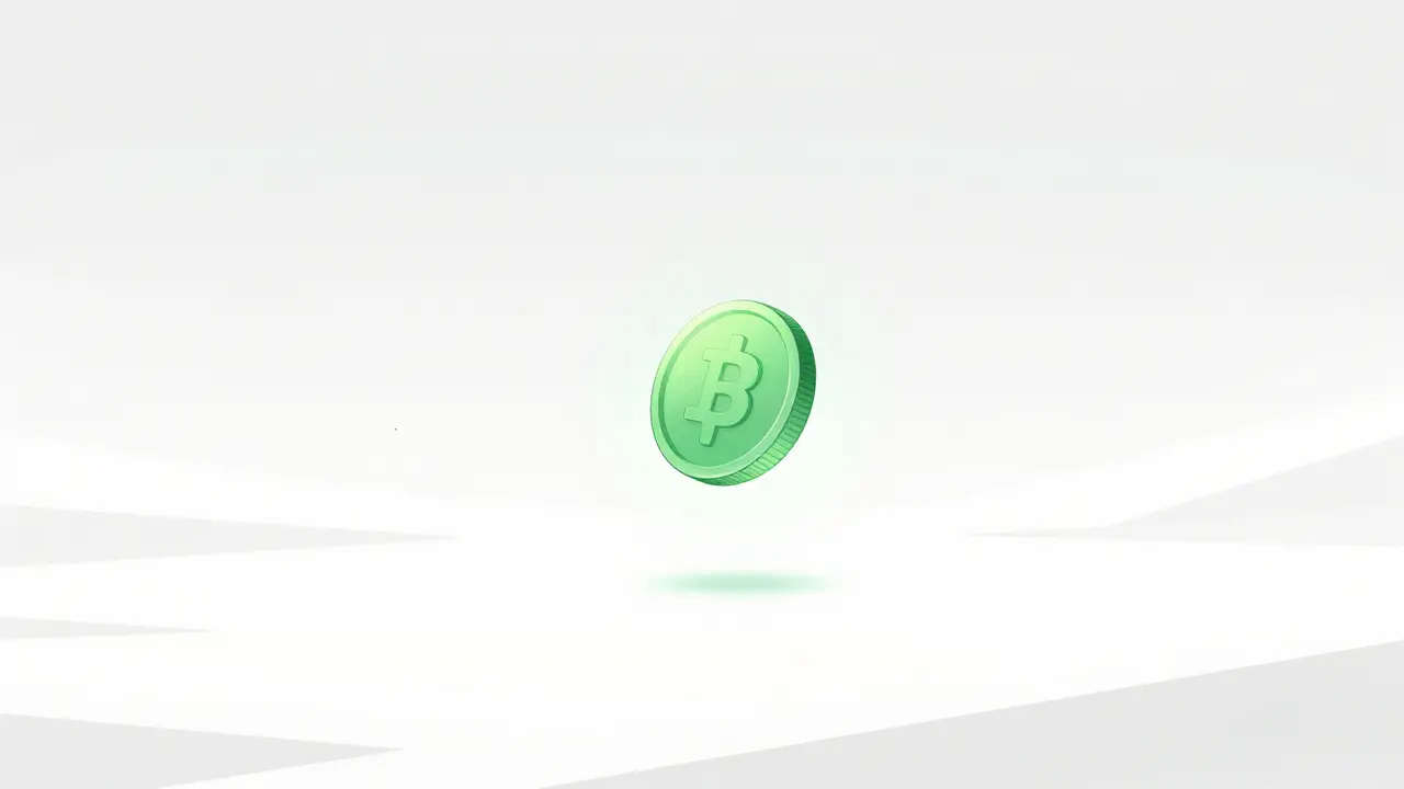 Une pièce cryptographique translucide et isolée dans un espace numérique vide et blanc.