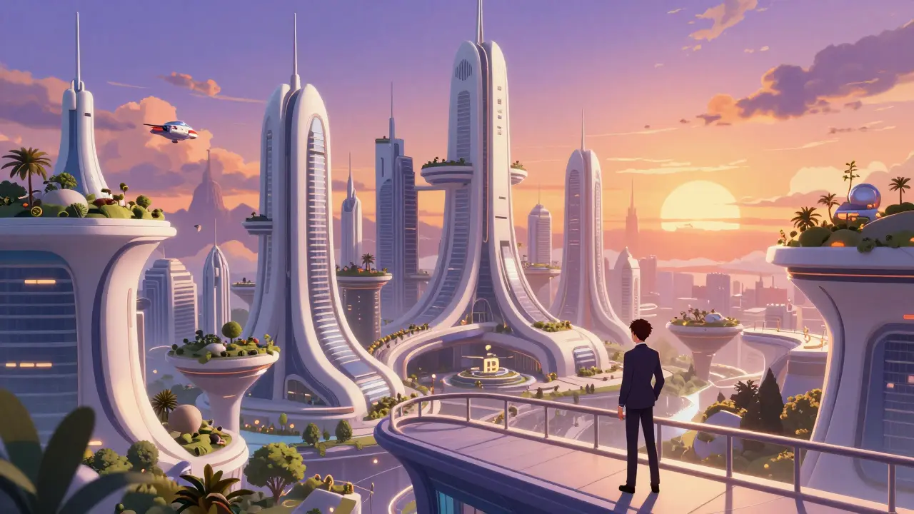 Vue panoramique de la ville futuriste Bitcoin City au coucher du soleil en style anime.