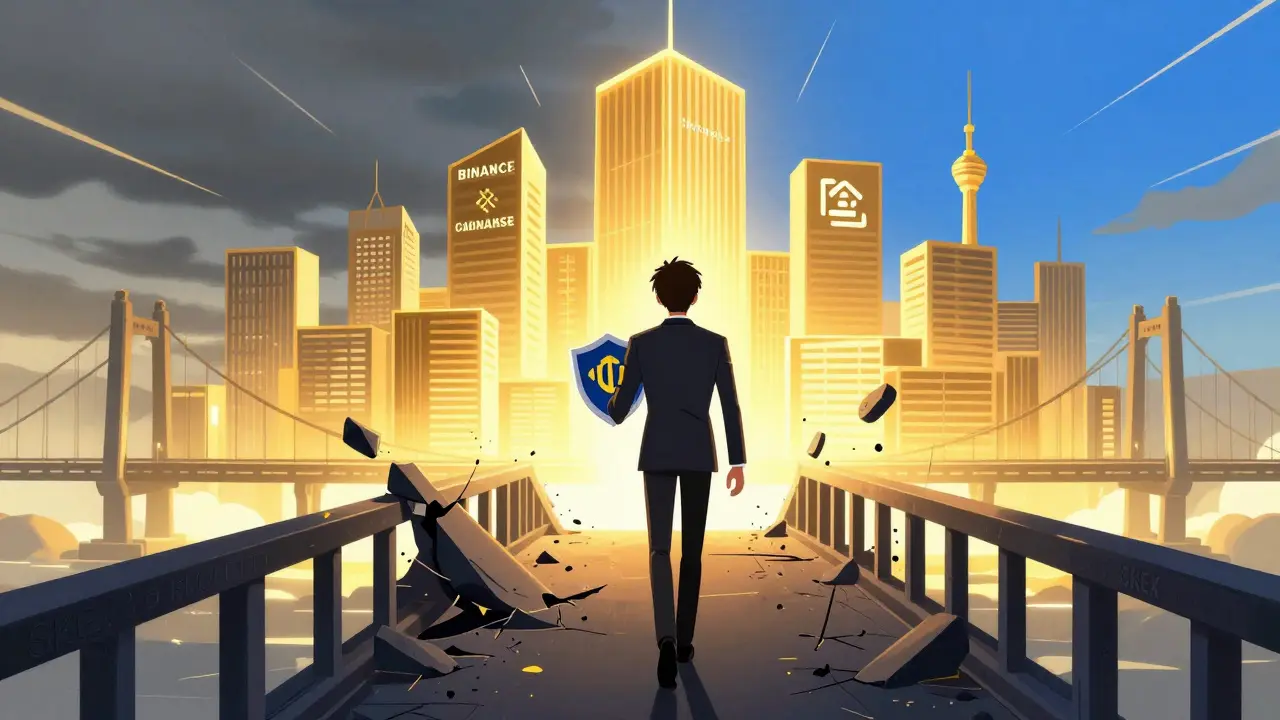 Anime : investisseur quittant une zone sombre pour rejoindre des échanges cryptos sécurisés et régulés.