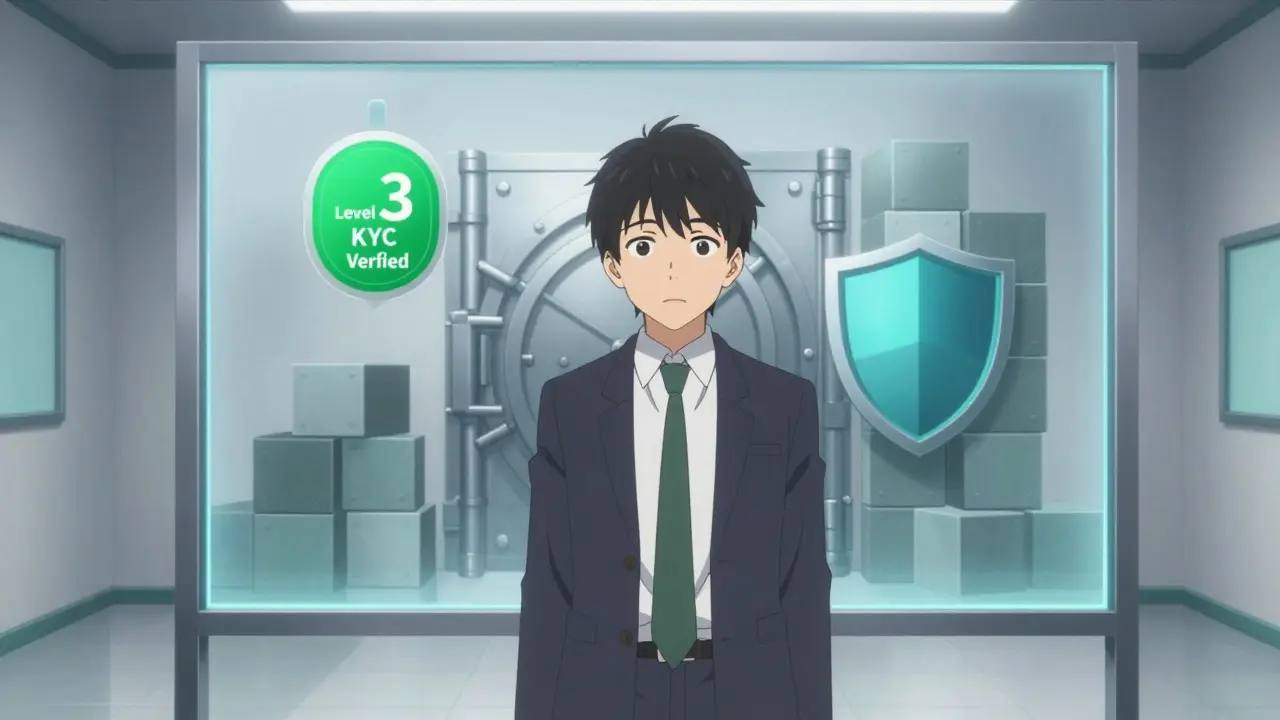 Anime : Trader vérifié KYC devant un écran de sécurité numérique