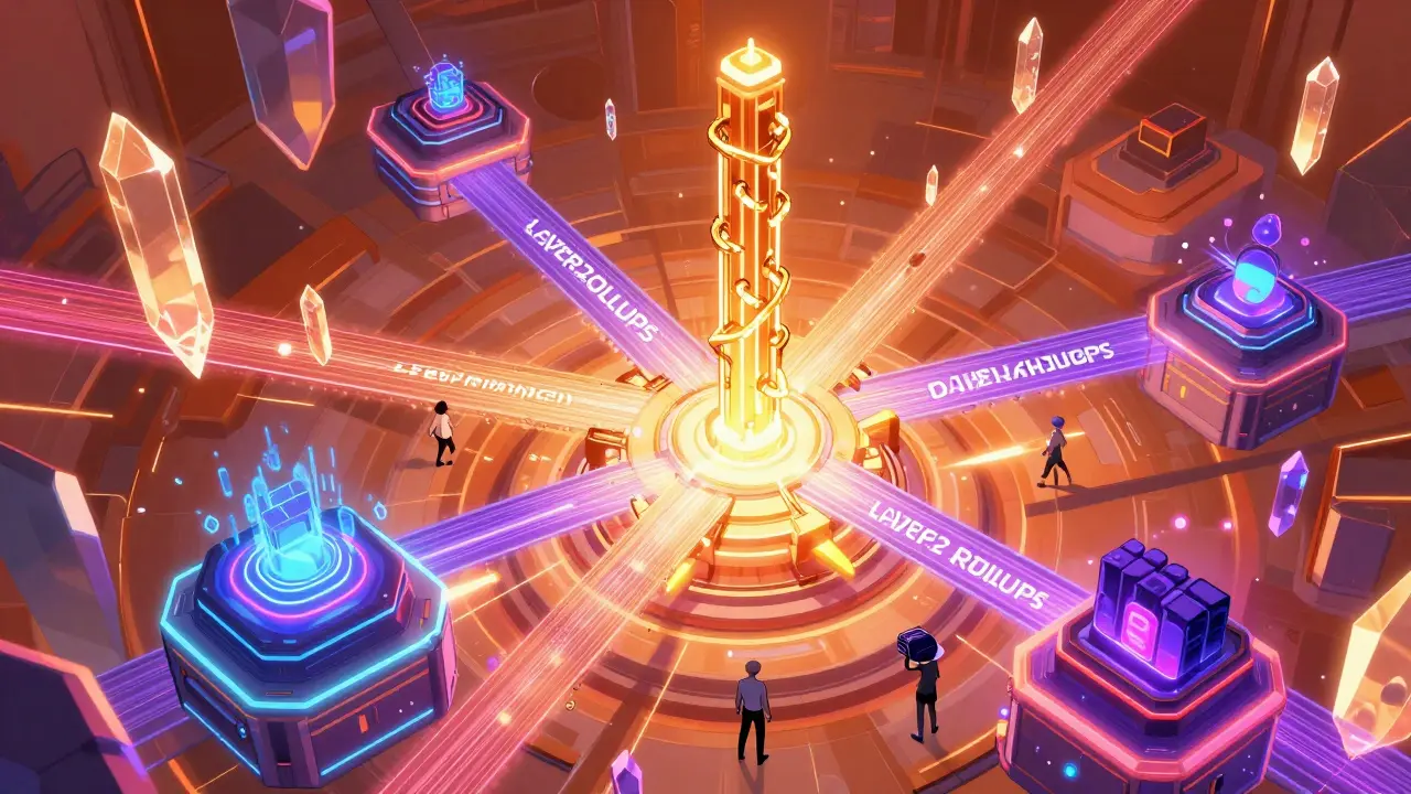 Architecture de Danksharding avec la Beacon Chain et les Rollups de couche 2 connectés