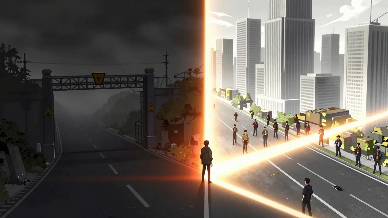 Choix anime entre un chemin sombre risqué et une route lumineuse sécurisée