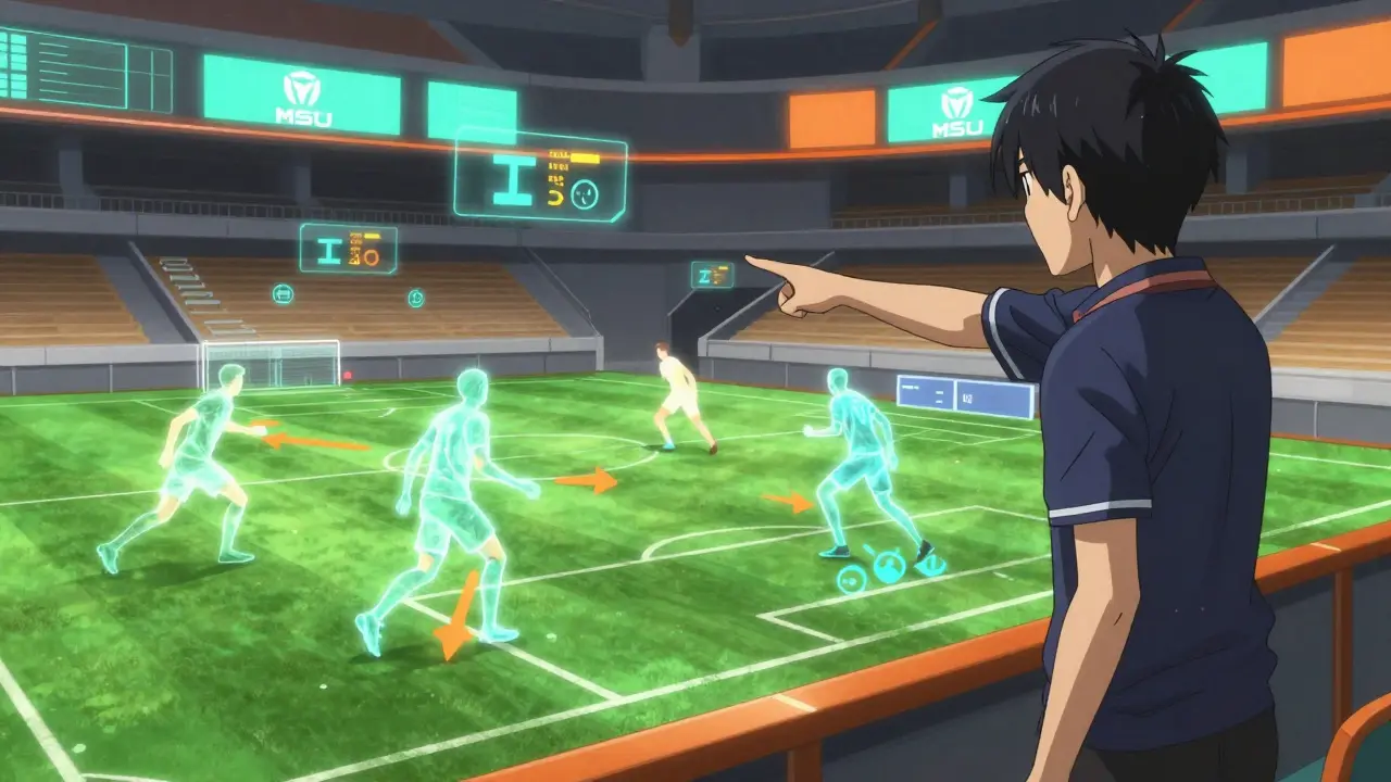 Coach analysant une simulation de match avec des joueurs énergétiques