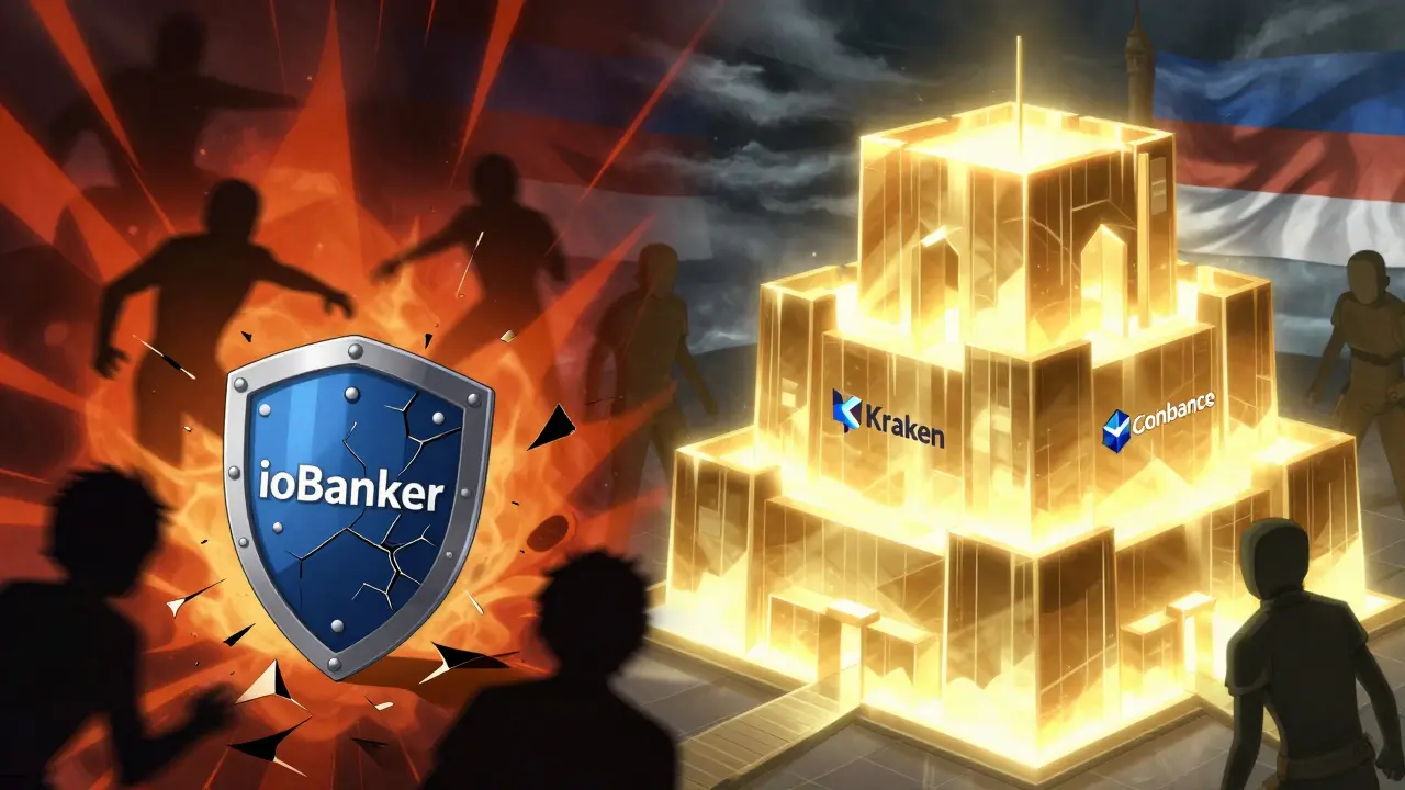 Comparaison visuelle en style manga entre la sécurité faible de ioBanker et les plateformes fiables.
