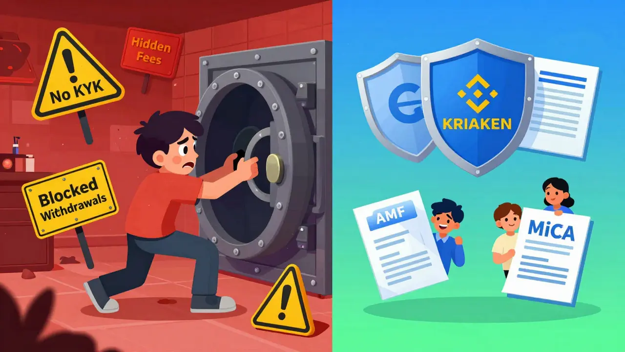 Comparaison visuelle entre les risques des plateformes obscures et la sécurité des exchanges régulés comme Kraken.