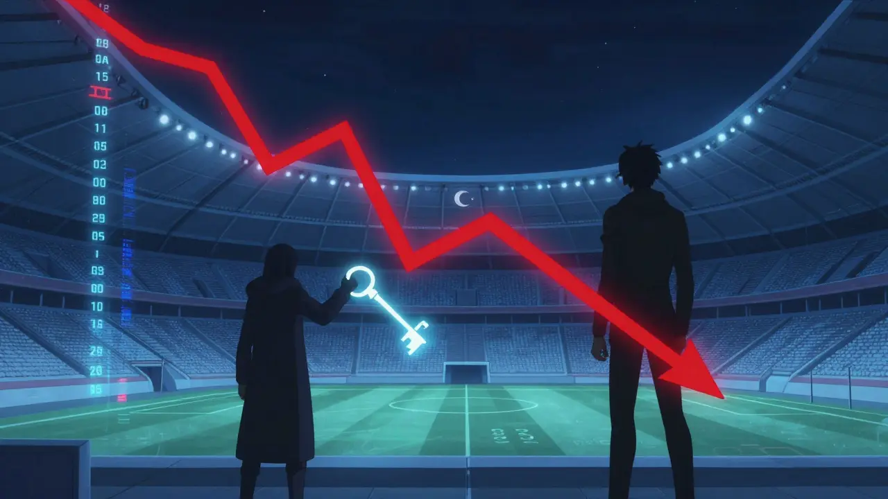 Graphique de chute de prix dramatique sur fond de stade de football sombre et stylisé