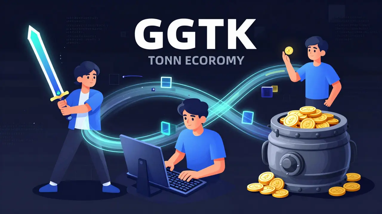 Illustration anime montrant les joueurs, développeurs et fournisseurs reliés par la blockchain.