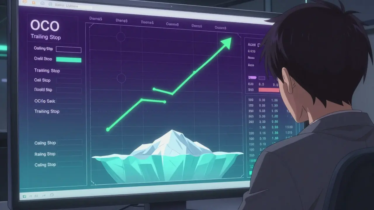 Interface de trading sophistiquée montrant des ordres avancés comme le trailing stop et iceberg.