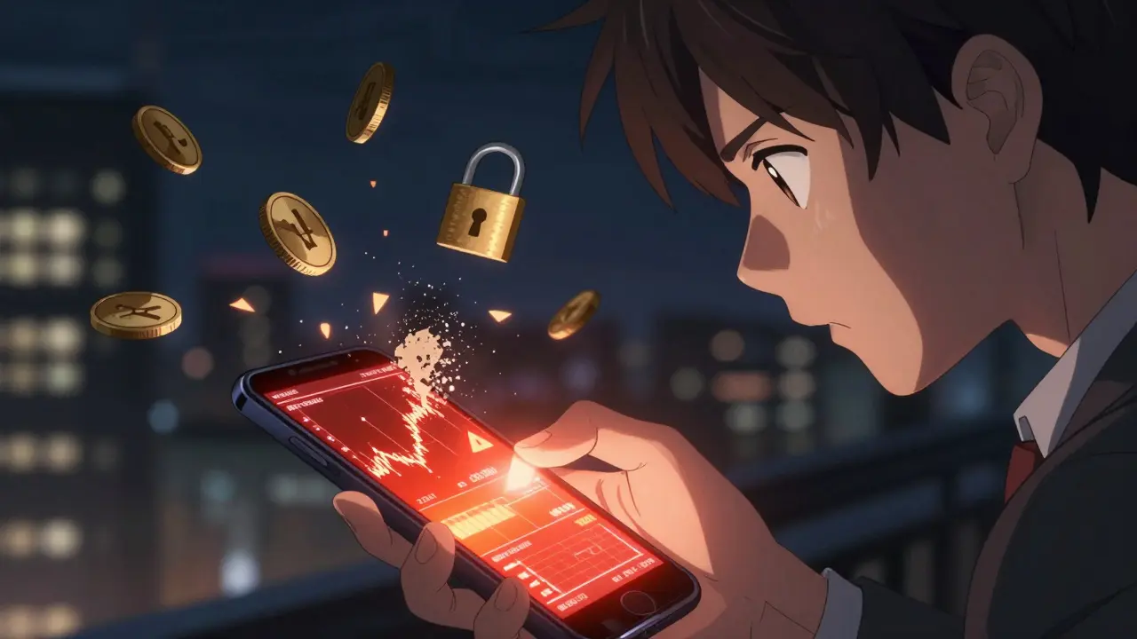 Investisseur inquiet regardant des alertes sur son téléphone, illustrant les risques cachés