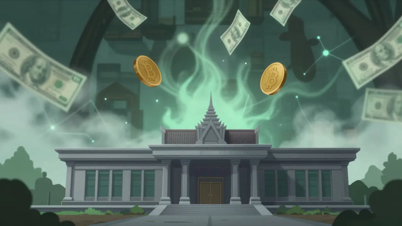 Lavage d'argent crypto via le Cambodge, métaphores visuelles abstraites.
