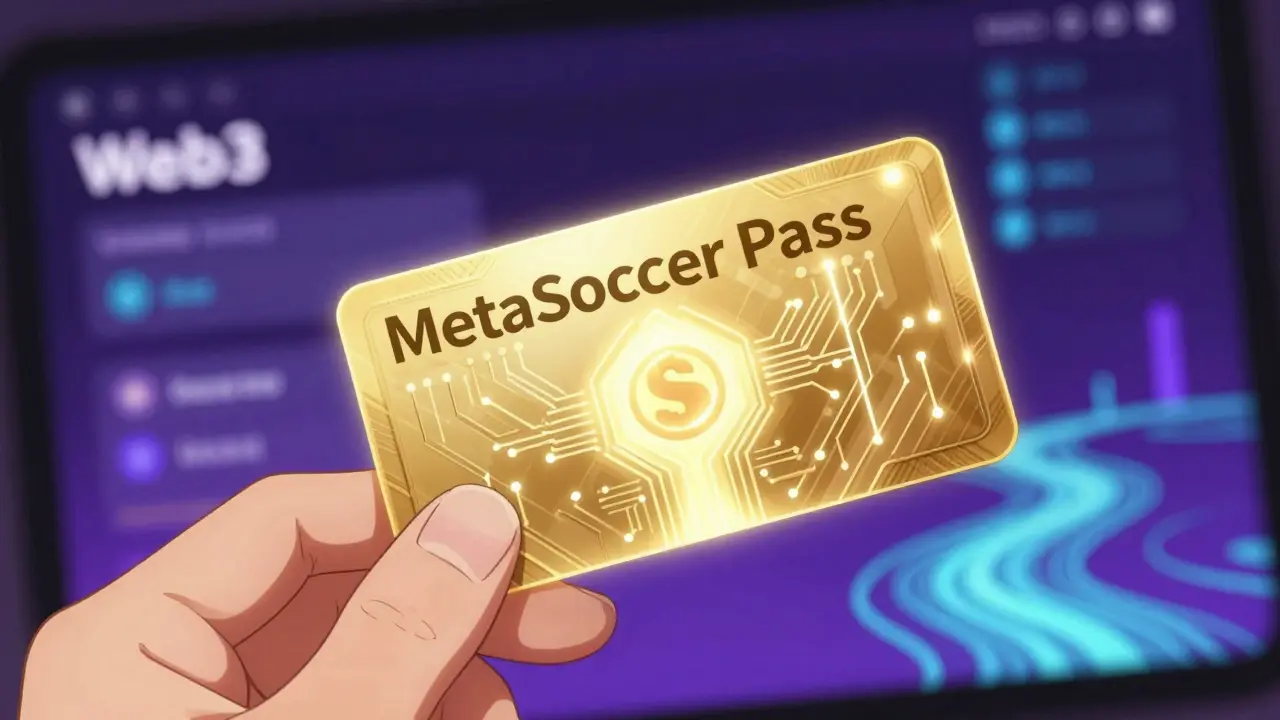 Main tenant un passe MetaSoccer doré lumineux avec motifs blockchain
