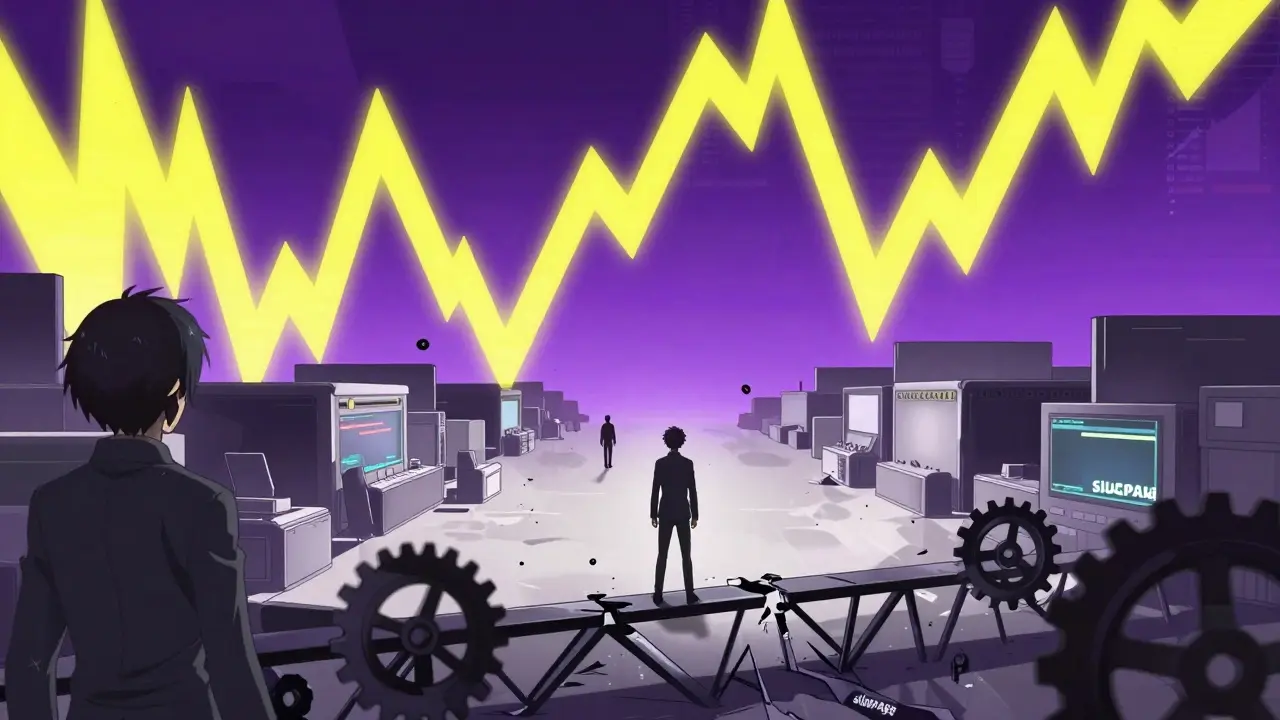 Marché de trading vide et chaotique illustrant l'illiquidité en style manga