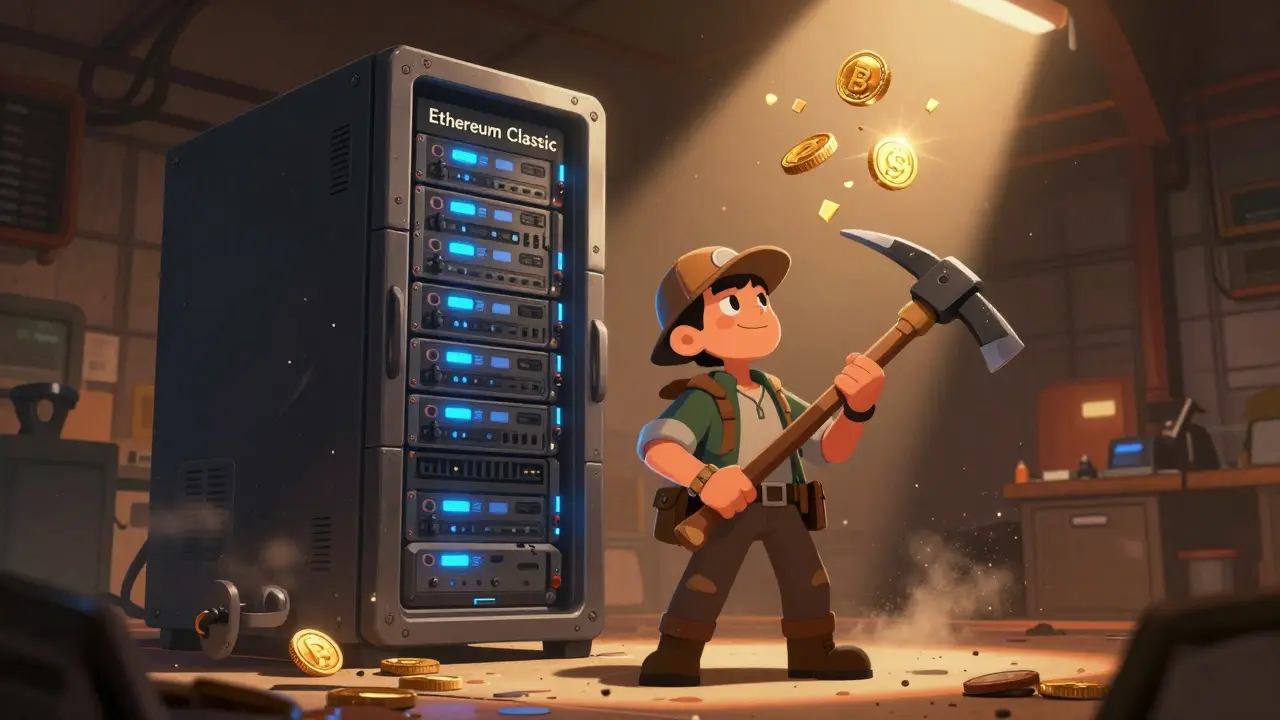 Mineur d'Ethereum Classic devant des serveurs avec des pièces qui se divisent en deux