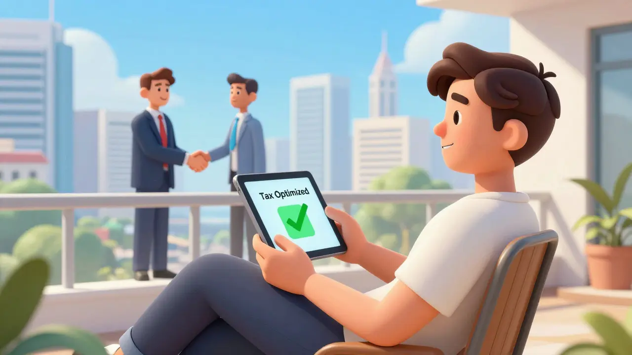Nomade numérique serein sur un balcon ensoleillé après optimisation fiscale