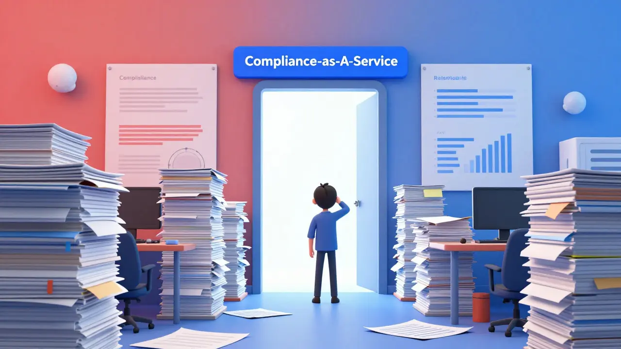 Personnages anime stressés par la conformité dans un bureau, regardant vers une solution de service