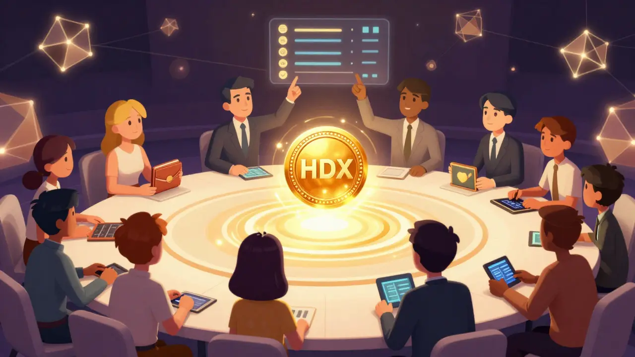 Personnages anime votant dans une réunion de gouvernance DAO avec des jetons HDX