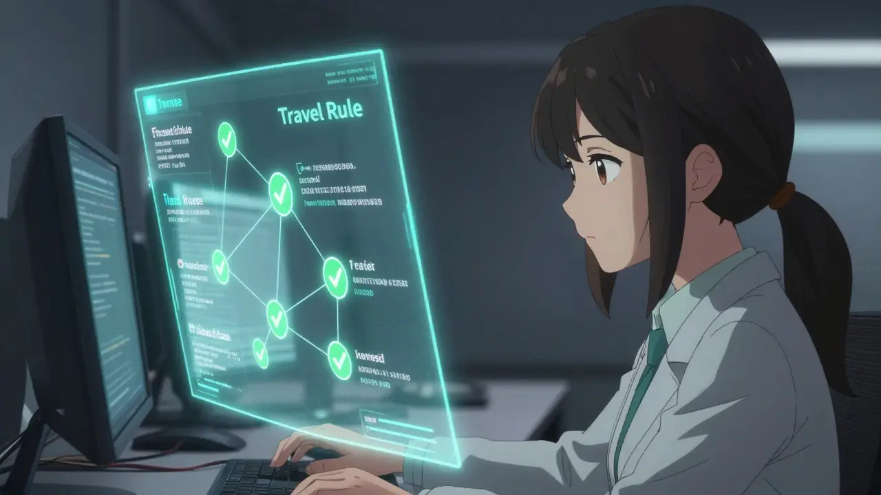 Scène anime montrant une analyste vérifiant des données de transaction holographiques pour la règle du voyage