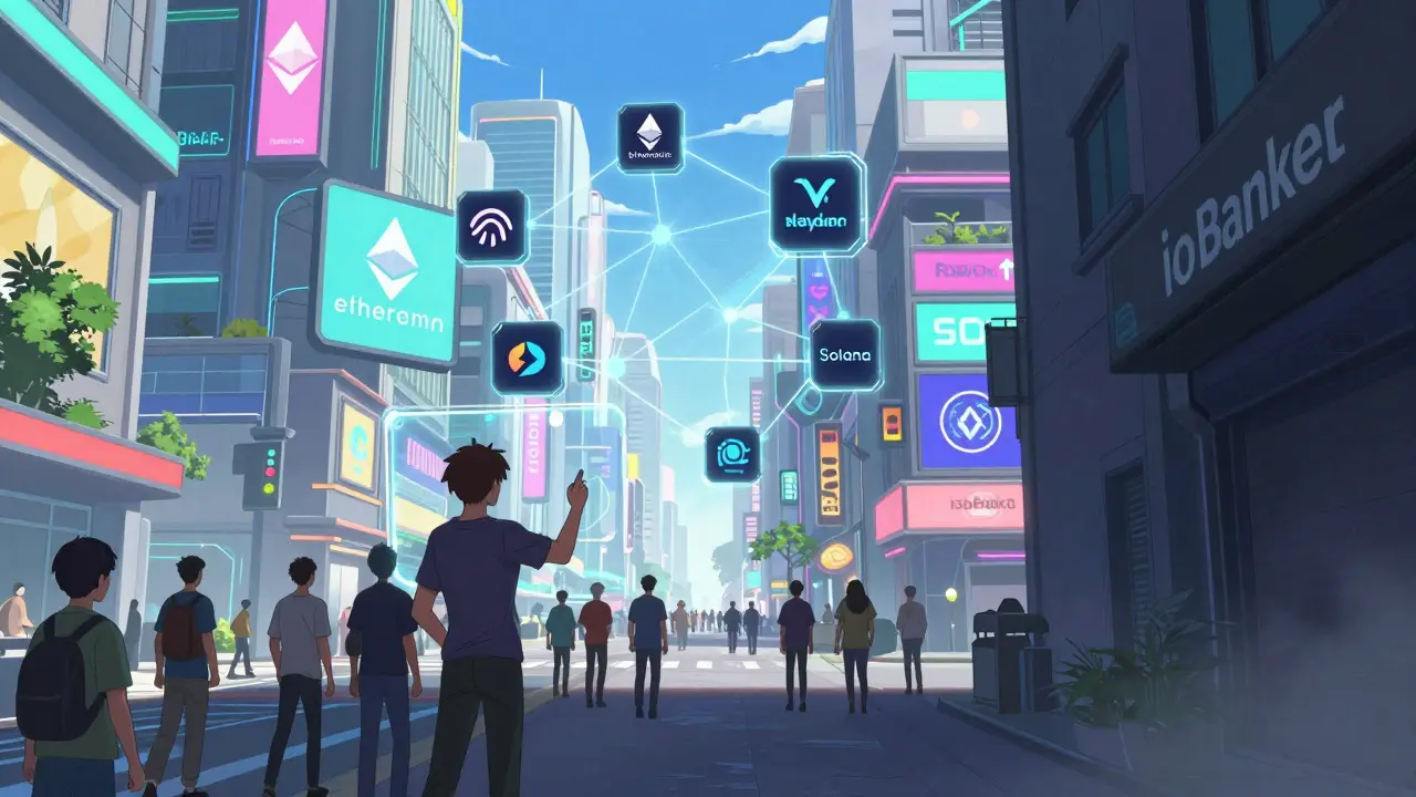 Scène anime vibrante montrant des écosystèmes DeFi modernes et liquides comme alternative sûre.