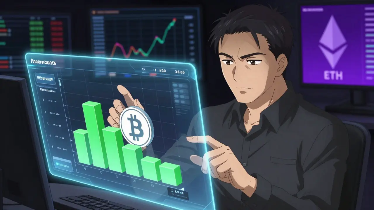 Trader analysant des contrats linéaires BTC/ETH sur interface holographique