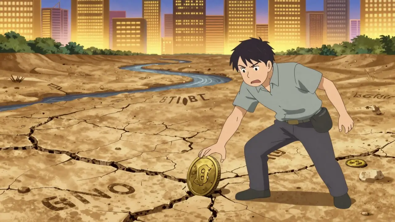 Trader anime bloqué sur un terrain sec symbolisant le manque de liquidité