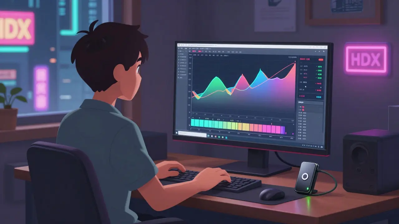 Trader anime utilisant un portefeuille matériel sécurisé pour stocker ses cryptos