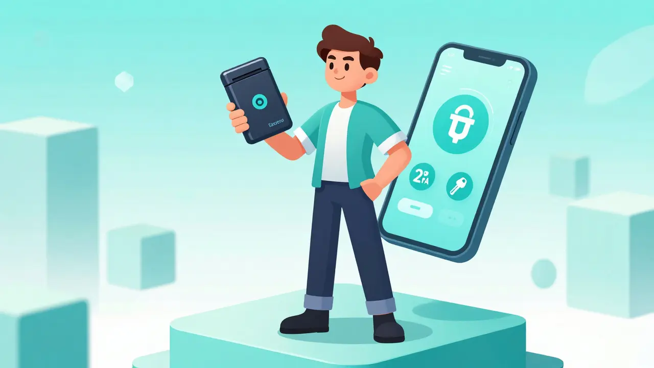 Trader confiant utilisant un portefeuille matériel et la double authentification pour sécuriser ses actifs crypto.