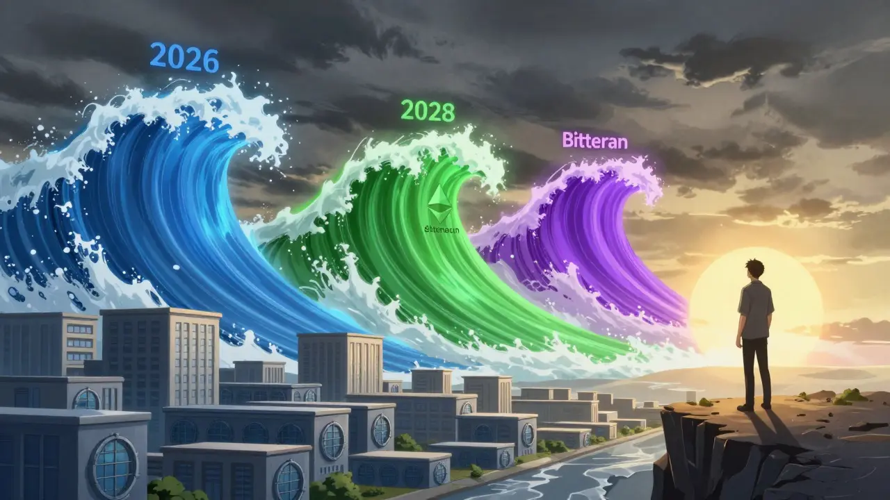 Vagues énergétiques de cryptomonnaies convergeant vers des bâtiments institutionnels