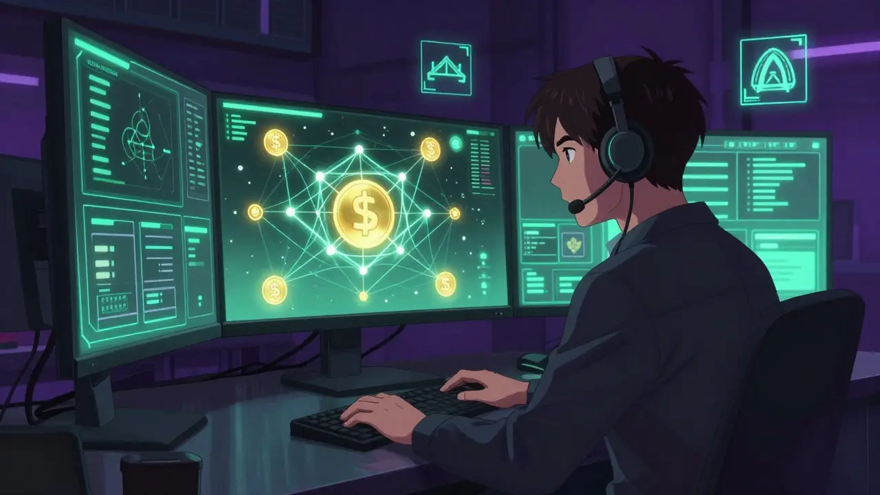 Analyste devant des écrans montrant le traçage blockchain