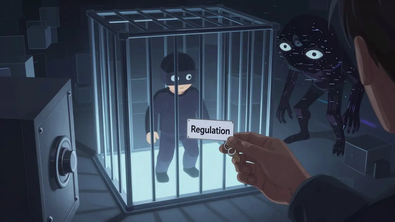 Avatar piégé dans une cage numérique symbolisant les risques non régulés