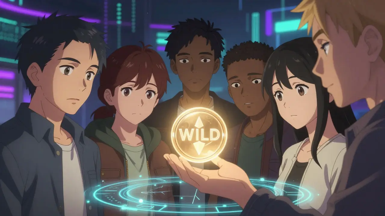 Avatars anime votant dans la DAO avec un jeton WILD lumineux holographique