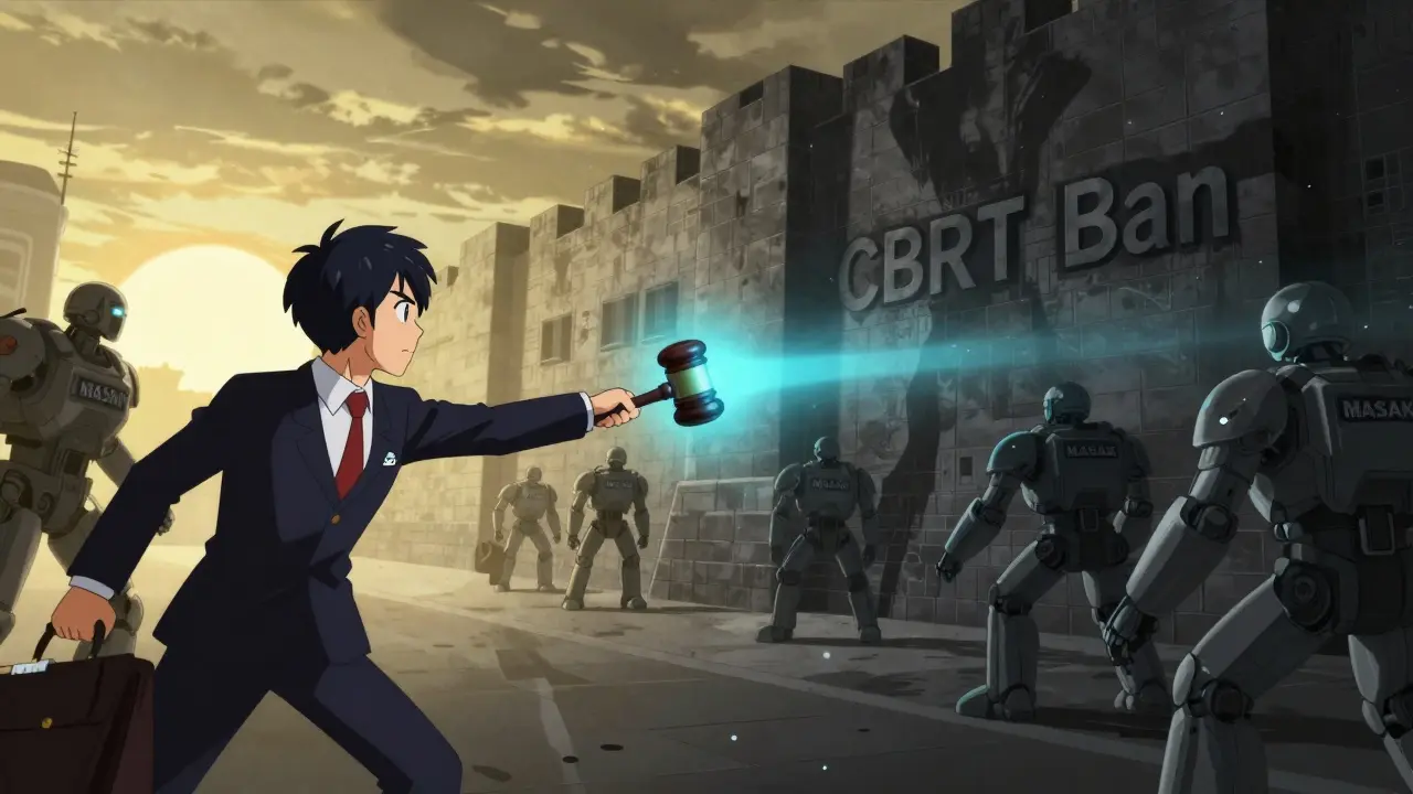 Avocat anime affrontant un mur réglementaire massif, symbolisant le combat juridique pour lever l'interdiction.