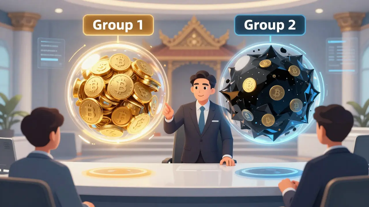 Banquier expliquant la régulation des actifs numériques Groupe 1 et 2