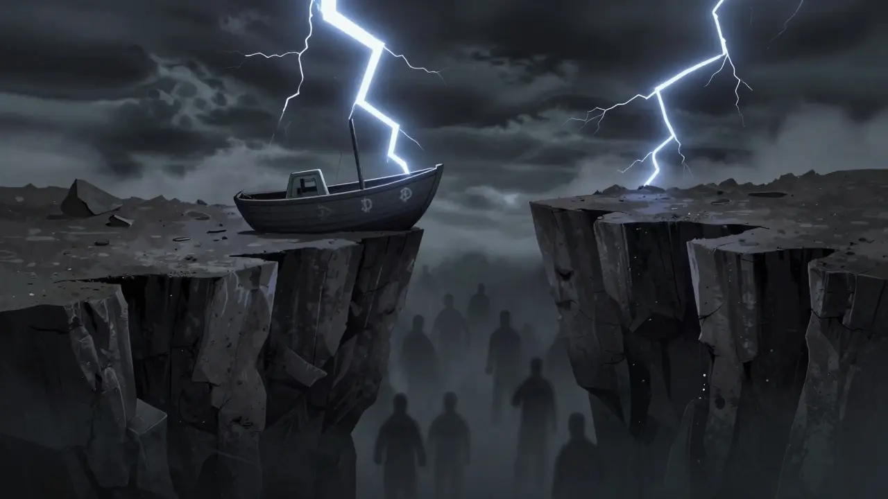 Bateau précaire au bord d'un précipice sombre illustrant les risques financiers en style anime