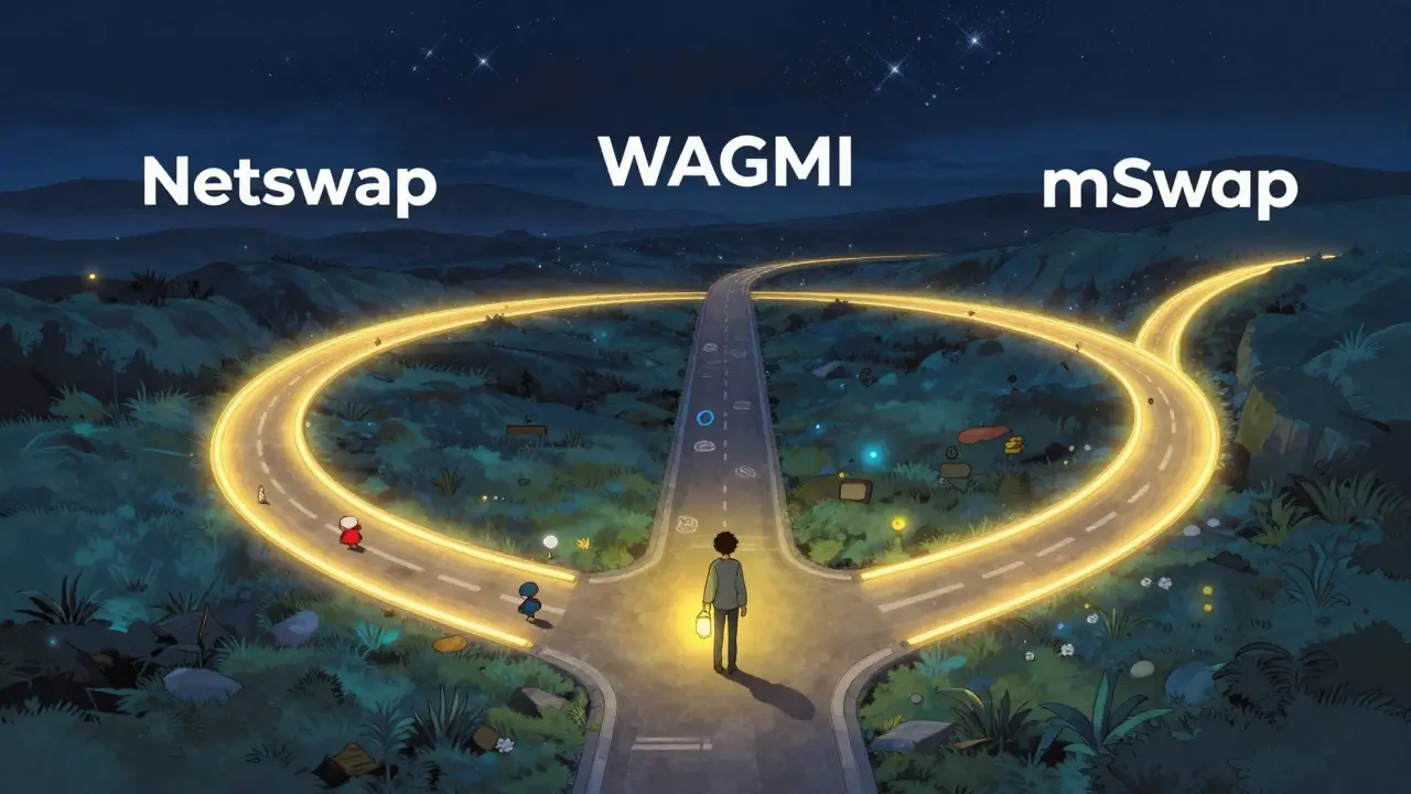 Carrefour symbolique comparant WAGMI à ses concurrents Netswap et mSwap