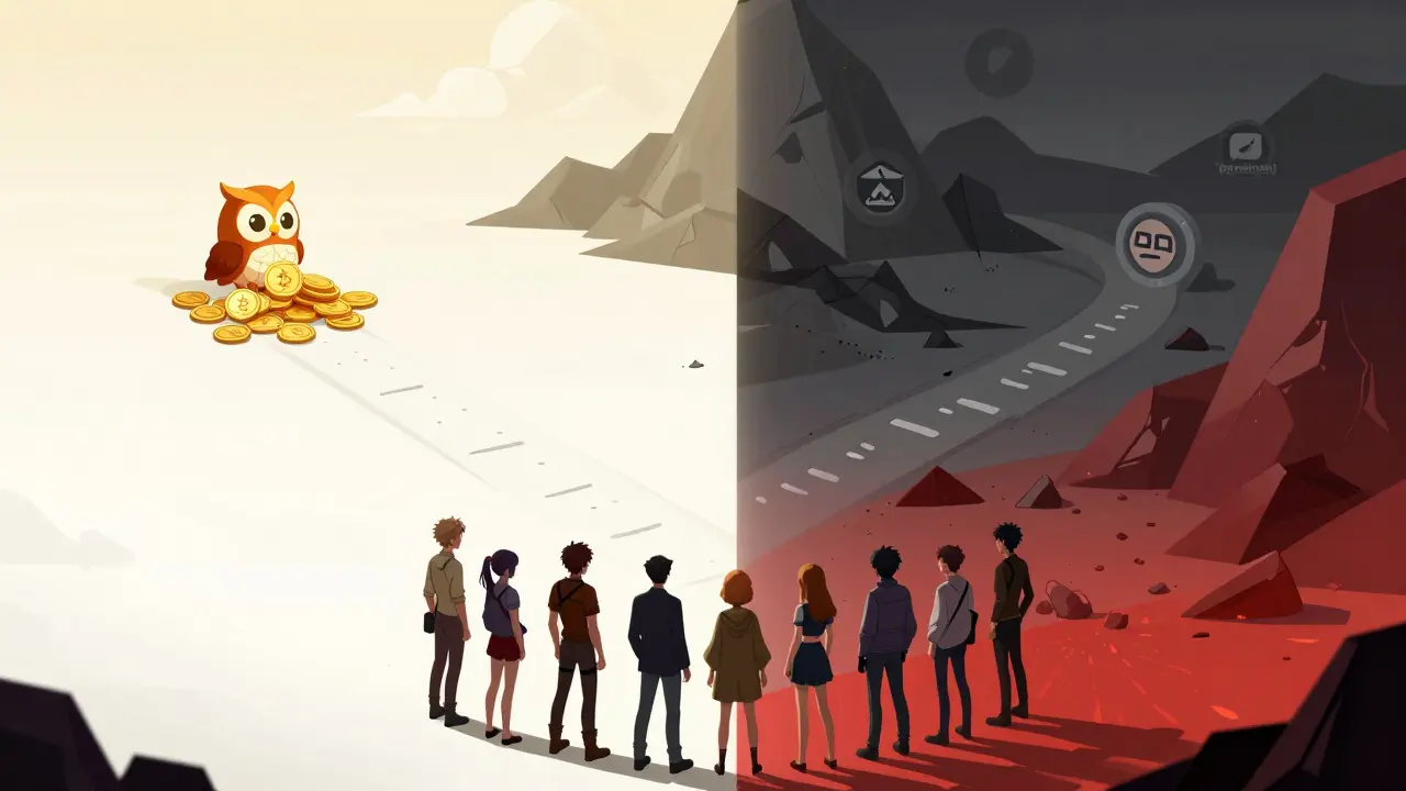 Comparaison visuelle en style manga entre l'airdrop OwlDAO et les projets DeFi risqués