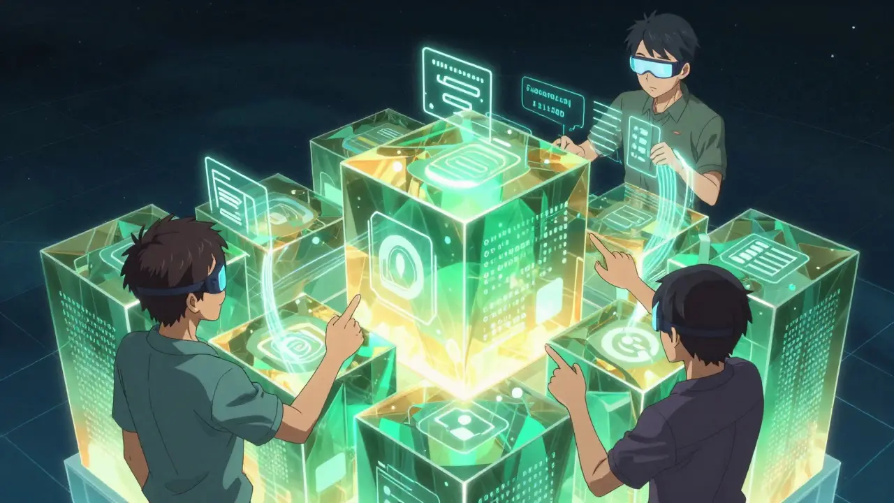 Développeurs anime interagissant avec une structure cristalline de blockchain