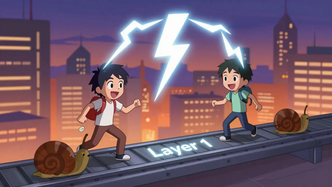 Éclair instantané entre deux personnages illustrant le réseau Lightning rapide