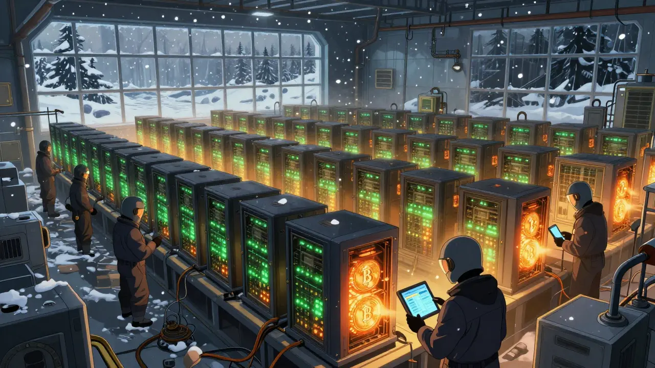 Ferme de minage de cryptomonnaies industrielle sous la neige en Russie